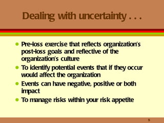 Dealing with uncertainty . . . Pre-loss exercise that reflects organization’s  post-loss goals and reflective of the organization’s culture To identify potential events that if they occur would affect the organization Events can have negative, positive or both impact To manage risks within your risk appetite 