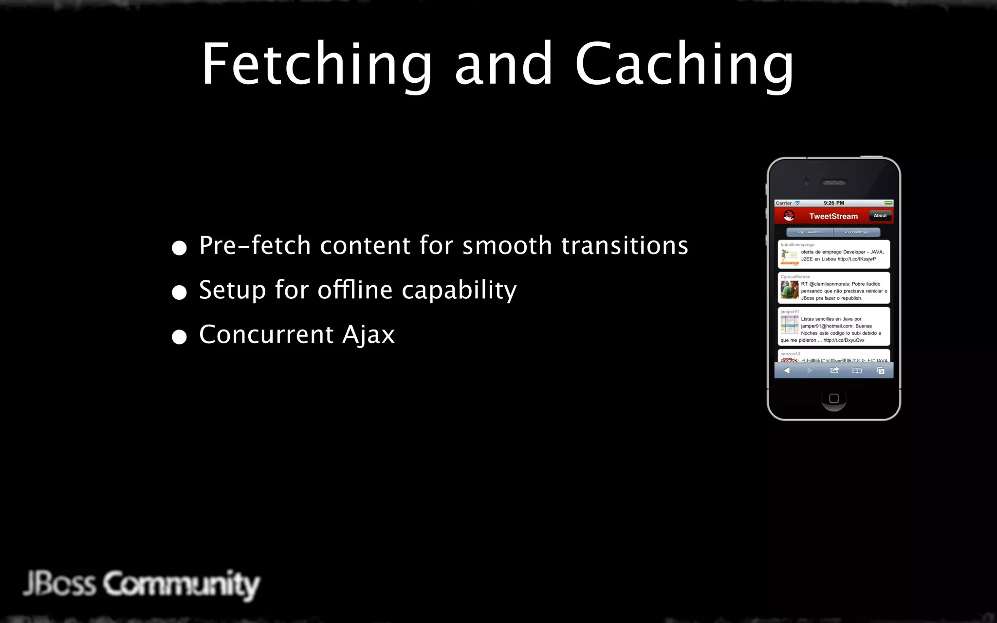 Fetching and Caching


• Pre-fetch content for smooth transitions
• Setup for offline capability
• Concurrent Ajax
 