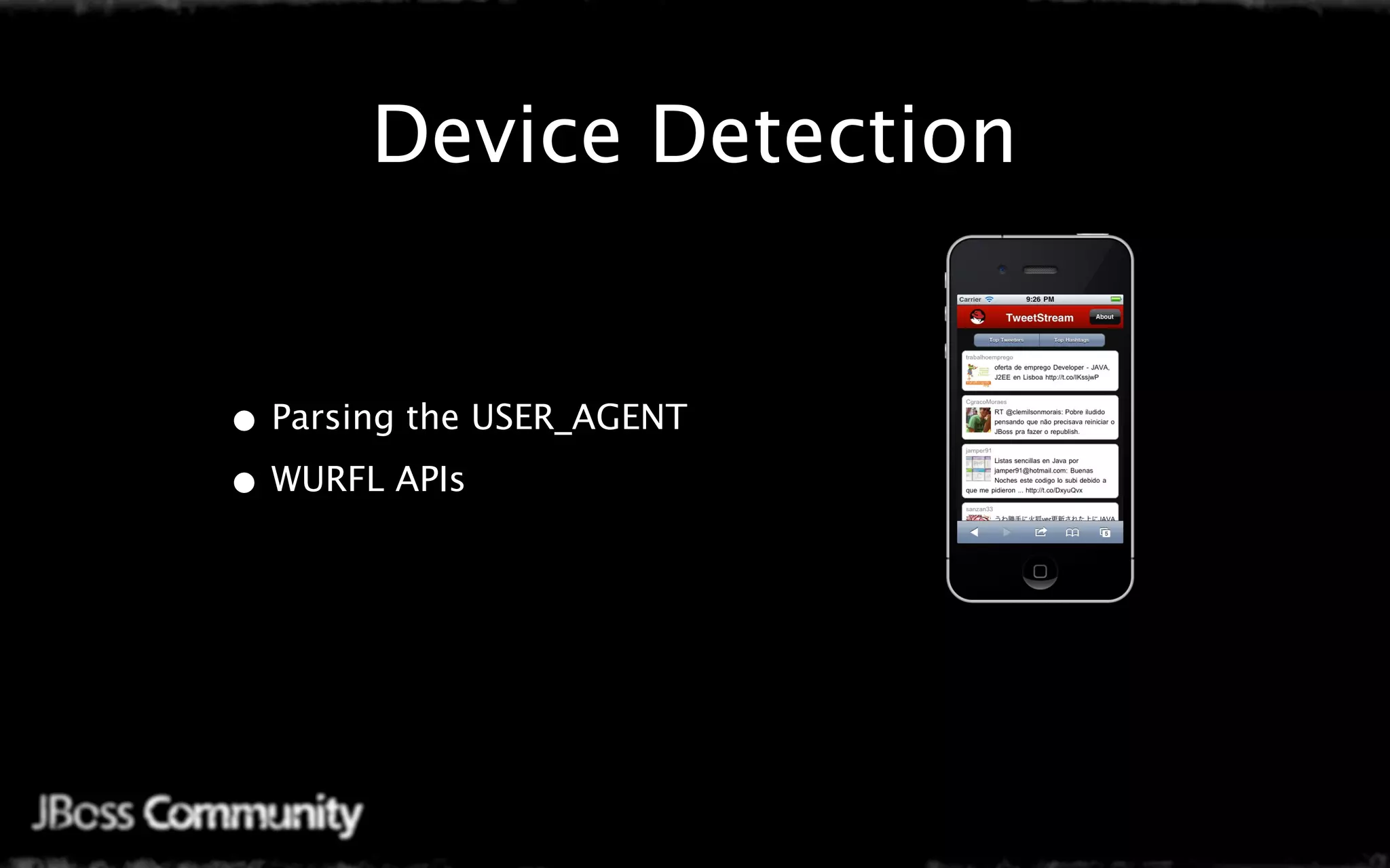 Device Detection


• Parsing the USER_AGENT
• WURFL APIs
 