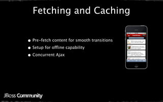 Fetching and Caching


• Pre-fetch content for smooth transitions
• Setup for offline capability
• Concurrent Ajax
 
