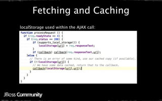 Fetching and Caching
localStorage used within the AJAX call:
 
