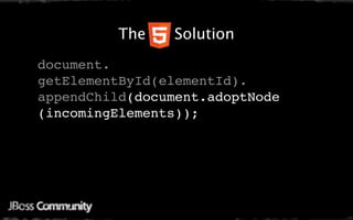 Java Mobile Web Settings
        The   Solution
document.
getElementById(elementId).
appendChild(document.adoptNode
(incomingElements));
 
