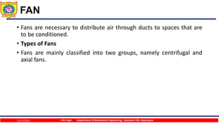 FAN
• Fans are necessary to distribute air through ducts to spaces that are
to be conditioned.
• Types of Fans
• Fans are mainly classified into two groups, namely centrifugal and
axial fans.
12/27/2023 P.W. Ingle Department Of Mechanical Engineering, Sanjivani COE, Kopargaon
 