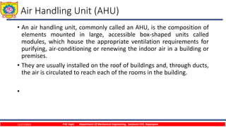 Air Handling Unit (AHU)
• An air handling unit, commonly called an AHU, is the composition of
elements mounted in large, accessible box-shaped units called
modules, which house the appropriate ventilation requirements for
purifying, air-conditioning or renewing the indoor air in a building or
premises.
• They are usually installed on the roof of buildings and, through ducts,
the air is circulated to reach each of the rooms in the building.
•
12/27/2023 P.W. Ingle Department Of Mechanical Engineering, Sanjivani COE, Kopargaon
 