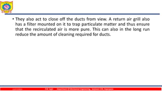 • They also act to close off the ducts from view. A return air grill also
has a filter mounted on it to trap particulate matter and thus ensure
that the recirculated air is more pure. This can also in the long run
reduce the amount of cleaning required for ducts.
12/27/2023 P.W. Ingle Department Of Mechanical Engineering, Sanjivani COE, Kopargaon
 