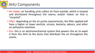 AHU Components
• Air intake: air handling units collect air from outside, which is treated
and distributed throughout the rooms; and/or indoor air that is
"recycled".
• Filter: depending on the air purity requirements, the filter applied will
have a higher or lower particle, viruses, bacteria, odours, and other
air pollutants retention.
• Fan: this is an electromechanical system that powers the air to expel
it from the AHU to the ducts that distribute the air throughout the
rooms.
12/27/2023 P.W. Ingle Department Of Mechanical Engineering, Sanjivani COE, Kopargaon
 