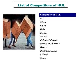 List of Competitors of HUL
Competitors of HUL
ITC
Nirma
GCPL
Dabur
Emami
Marico
Colgate-Palmolive
Procter and Gamble
Henkel
Reckitt Benckiser
L'Oréal
Nestle
 
