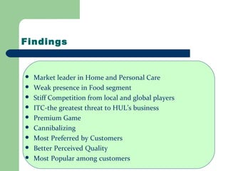 Findings
 Market leader in Home and Personal Care
 Weak presence in Food segment
 Stiff Competition from local and global players
 ITC-the greatest threat to HUL’s business
 Premium Game
 Cannibalizing
 Most Preferred by Customers
 Better Perceived Quality
 Most Popular among customers
 