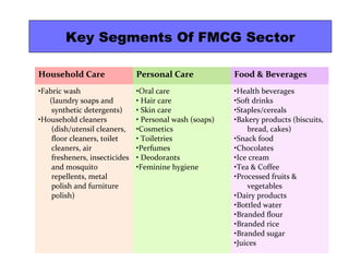 Household Care Personal Care Food & Beverages
•Fabric wash
(laundry soaps and
synthetic detergents)
•Household cleaners
(dish/utensil cleaners,
floor cleaners, toilet
cleaners, air
fresheners, insecticides
and mosquito
repellents, metal
polish and furniture
polish)
•Oral care
• Hair care
• Skin care
• Personal wash (soaps)
•Cosmetics
• Toiletries
•Perfumes
• Deodorants
•Feminine hygiene
•Health beverages
•Soft drinks
•Staples/cereals
•Bakery products (biscuits,
bread, cakes)
•Snack food
•Chocolates
•Ice cream
•Tea & Coffee
•Processed fruits &
vegetables
•Dairy products
•Bottled water
•Branded flour
•Branded rice
•Branded sugar
•Juices
Key Segments Of FMCG Sector
 