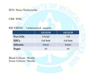 ECG- Sinus Tachycardia
CXR- WNL
R/E URINE: (catheterised sample)
Blood Culture : Sterile
Urine Culture : Sterile
13/12/16 19/12/16
Pus Cells 5-8 hpf 5-8
RBCs Full field Full field
Albumin traces traces
Sugar nil nil
 