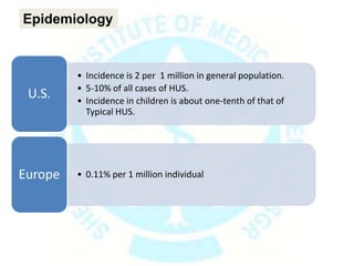 Epidemiology
• Incidence is 2 per 1 million in general population.
• 5-10% of all cases of HUS.
• Incidence in children is about one-tenth of that of
Typical HUS.
U.S.
• 0.11% per 1 million individualEurope
 