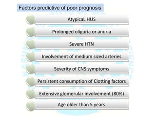 AtypicaL HUS
Prolonged oliguria or anuria
Severe HTN
Involvement of medium sized arteries
Severity of CNS symptoms
Persistent consumption of Clotting factors
Extensive glomerular involvement (80%)
Age older than 5 years
Factors predictive of poor prognosis
 