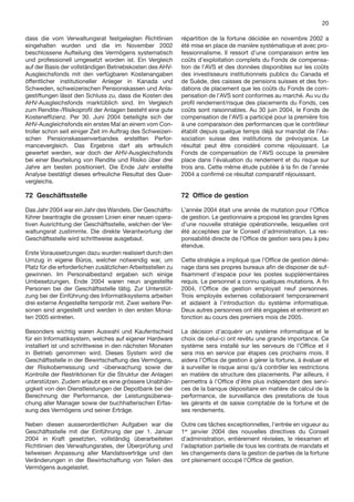 20

dass die vom Verwaltungsrat festgelegten Richtlinien          répartition de la fortune décidée en novembre 2002 a
eingehalten wurden und die im November 2002                   été mise en place de manière systématique et avec pro-
beschlossene Aufteilung des Vermögens systematisch            fessionnalisme. Il ressort d’une comparaison entre les
und professionell umgesetzt worden ist. Ein Vergleich         coûts d’exploitation complets du Fonds de compensa-
auf der Basis der vollständigen Betriebskosten des AHV-       tion de l’AVS et des données disponibles sur les coûts
Ausgleichsfonds mit den verfügbaren Kostenangaben             des investisseurs institutionnels publics du Canada et
öffentlicher institutioneller Anleger in Kanada und           de Suède, des caisses de pensions suisses et des fon-
Schweden, schweizerischen Pensionskassen und Anla-            dations de placement que les coûts du Fonds de com-
gestiftungen lässt den Schluss zu, dass die Kosten des        pensation de l’AVS sont conformes au marché. Au vu du
AHV-Ausgleichsfonds marktüblich sind. Im Vergleich            proﬁl rendement/risque des placements du Fonds, ces
zum Rendite-/Risikoproﬁl der Anlagen besteht eine gute        coûts sont raisonnables. Au 30 juin 2004, le Fonds de
Kostenefﬁzienz. Per 30. Juni 2004 beteiligte sich der         compensation de l’AVS a participé pour la première fois
AHV-Ausgleichsfonds ein erstes Mal an einem vom Con-          à une comparaison des performances que le contrôleur
troller schon seit einiger Zeit im Auftrag des Schweizeri-    établit depuis quelque temps déjà sur mandat de l’As-
schen Pensionskassenverbandes erstellten Perfor-              sociation suisse des institutions de prévoyance. Le
mancevergleich. Das Ergebnis darf als erfreulich              résultat peut être considéré comme réjouissant. Le
gewertet werden, war doch der AHV-Ausgleichsfonds             Fonds de compensation de l’AVS occupe la première
bei einer Beurteilung von Rendite und Risiko über drei        place dans l’évaluation du rendement et du risque sur
Jahre am besten positioniert. Die Ende Jahr erstellte         trois ans. Cette même étude publiée à la ﬁn de l’année
Analyse bestätigt dieses erfreuliche Resultat des Quer-       2004 a conﬁrmé ce résultat comparatif réjouissant.
vergleichs.

72 Geschäftsstelle                                            72 Ofﬁce de gestion

Das Jahr 2004 war ein Jahr des Wandels. Der Geschäfts-        L’année 2004 était une année de mutation pour l’Ofﬁce
führer beantragte die grossen Linien einer neuen opera-       de gestion. Le gestionnaire a proposé les grandes lignes
tiven Ausrichtung der Geschäftsstelle, welchen der Ver-       d’une nouvelle stratégie opérationnelle, lesquelles ont
waltungsrat zustimmte. Die direkte Verantwortung der          été acceptées par le Conseil d’administration. La res-
Geschäftsstelle wird schrittweise ausgebaut.                  ponsabilité directe de l’Ofﬁce de gestion sera peu à peu
                                                              étendue.
Erste Voraussetzungen dazu wurden realisiert durch den
Umzug in eigene Büros, welcher notwendig war, um              Cette stratégie a impliqué que l’Ofﬁce de gestion démé-
Platz für die erforderlichen zusätzlichen Arbeitsstellen zu   nage dans ses propres bureaux aﬁn de disposer de suf-
gewinnen. Im Personalbestand ergaben sich einige              ﬁsamment d’espace pour les postes supplémentaires
Umbesetzungen. Ende 2004 waren neun angestellte               requis. Le personnel a connu quelques mutations. A ﬁn
Personen bei der Geschäftsstelle tätig. Zur Unterstüt-        2004, l’Ofﬁce de gestion employait neuf personnes.
zung bei der Einführung des Informatiksystems arbeiten        Trois employés externes collaboraient temporairement
drei externe Angestellte temporär mit. Zwei weitere Per-      et aidaient à l’introduction du système informatique.
sonen sind angestellt und werden in den ersten Mona-          Deux autres personnes ont été engagées et entreront en
ten 2005 eintreten.                                           fonction au cours des premiers mois de 2005.

Besonders wichtig waren Auswahl und Kaufentscheid             La décision d’acquérir un système informatique et le
für ein Informatiksystem, welches auf eigener Hardware        choix de celui-ci ont revêtu une grande importance. Ce
installiert ist und schrittweise in den nächsten Monaten      système sera installé sur les serveurs de l’Ofﬁce et il
in Betrieb genommen wird. Dieses System wird die              sera mis en service par étapes ces prochains mois. Il
Geschäftsstelle in der Bewirtschaftung des Vermögens,         aidera l’Ofﬁce de gestion à gérer la fortune, à évaluer et
der Risikobemessung und -überwachung sowie der                à surveiller le risque ainsi qu’à contrôler les restrictions
Kontrolle der Restriktionen für die Struktur der Anlagen      en matière de structure des placements. Par ailleurs, il
unterstützen. Zudem erlaubt es eine grössere Unabhän-         permettra à l’Ofﬁce d’être plus indépendant des servi-
gigkeit von den Dienstleistungen der Depotbank bei der        ces de la banque dépositaire en matière de calcul de la
Berechnung der Performance, der Leistungsüberwa-              performance, de surveillance des prestations de tous
chung aller Manager sowie der buchhalterischen Erfas-         les gérants et de saisie comptable de la fortune et de
sung des Vermögens und seiner Erträge.                        ses rendements.

Neben diesen ausserordentlichen Aufgaben war die              Outre ces tâches exceptionnelles, l’entrée en vigueur au
Geschäftsstelle mit der Einführung der per 1. Januar          1er janvier 2004 des nouvelles directives du Conseil
2004 in Kraft gesetzten, vollständig überarbeiteten           d’administration, entièrement révisées, le réexamen et
Richtlinien des Verwaltungsrates, der Überprüfung und         l’adaptation partielle de tous les contrats de mandats et
teilweisen Anpassung aller Mandatsverträge und den            les changements dans la gestion de parties de la fortune
Veränderungen in der Bewirtschaftung von Teilen des           ont pleinement occupé l’Ofﬁce de gestion.
Vermögens ausgelastet.
 