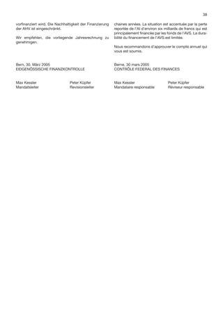 38

vorﬁnanziert wird. Die Nachhaltigkeit der Finanzierung   chaines années. La situation est accentuée par la perte
der AHV ist eingeschränkt.                               reportée de l’AI d’environ six milliards de francs qui est
                                                         principalement ﬁnancée par les fonds de l’AVS. La dura-
Wir empfehlen, die vorliegende Jahresrechnung zu         bilité du ﬁnancement de l’AVS est limitée.
genehmigen.
                                                         Nous recommandons d’approuver le compte annuel qui
                                                         vous est soumis.


Bern, 30. März 2005                                      Berne, 30 mars 2005
EIDGENÖSSISCHE FINANZKONTROLLE                           CONTRÔLE FEDERAL DES FINANCES


Max Kessler                    Peter Küpfer              Max Kessler                      Peter Küpfer
Mandatsleiter                  Revisionsleiter           Mandataire responsable           Réviseur responsable
 