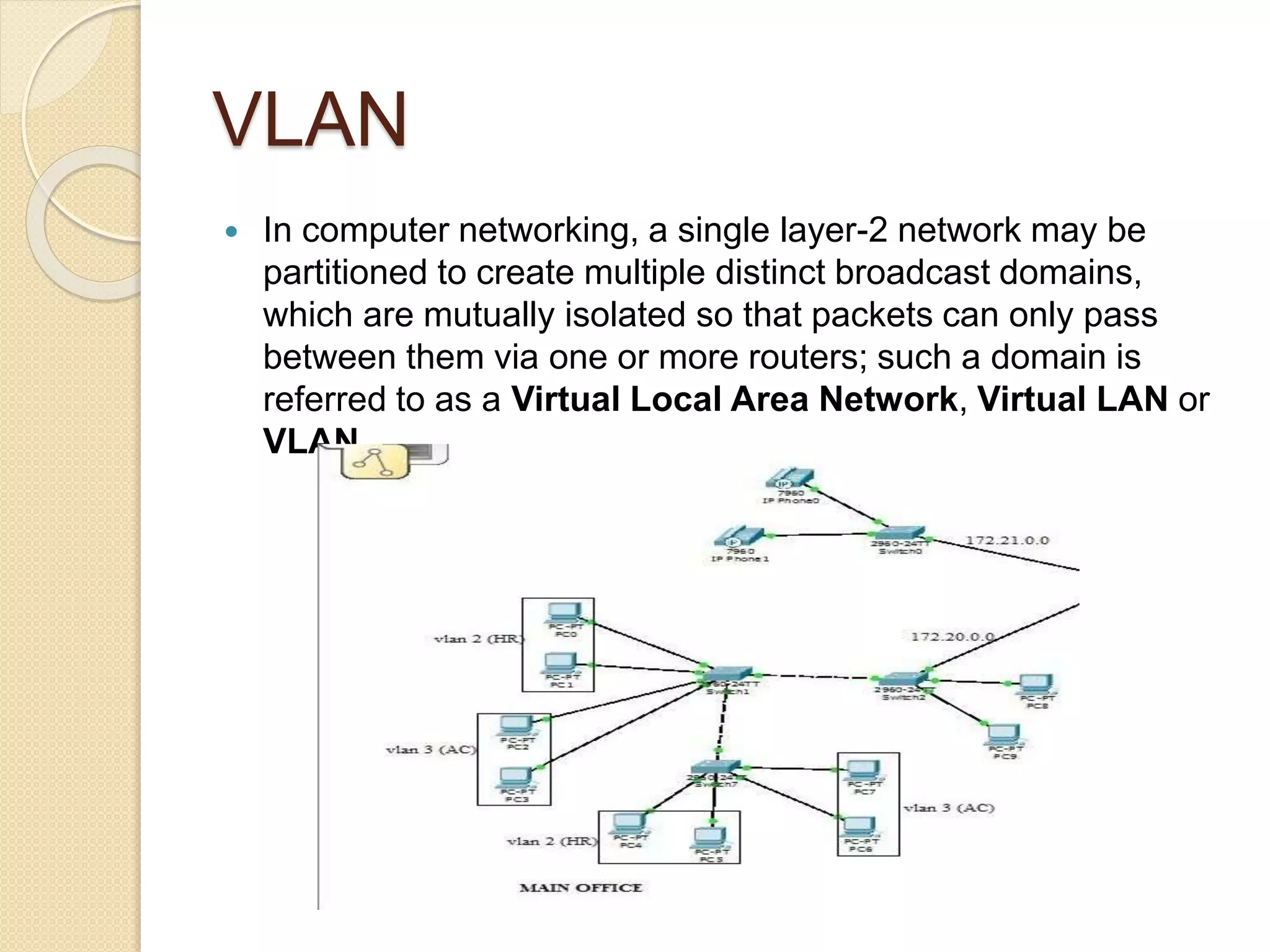 VLAN
 In computer networking, a single layer-2 network may be
partitioned to create multiple distinct broadcast domains,
which are mutually isolated so that packets can only pass
between them via one or more routers; such a domain is
referred to as a Virtual Local Area Network, Virtual LAN or
VLAN.
 