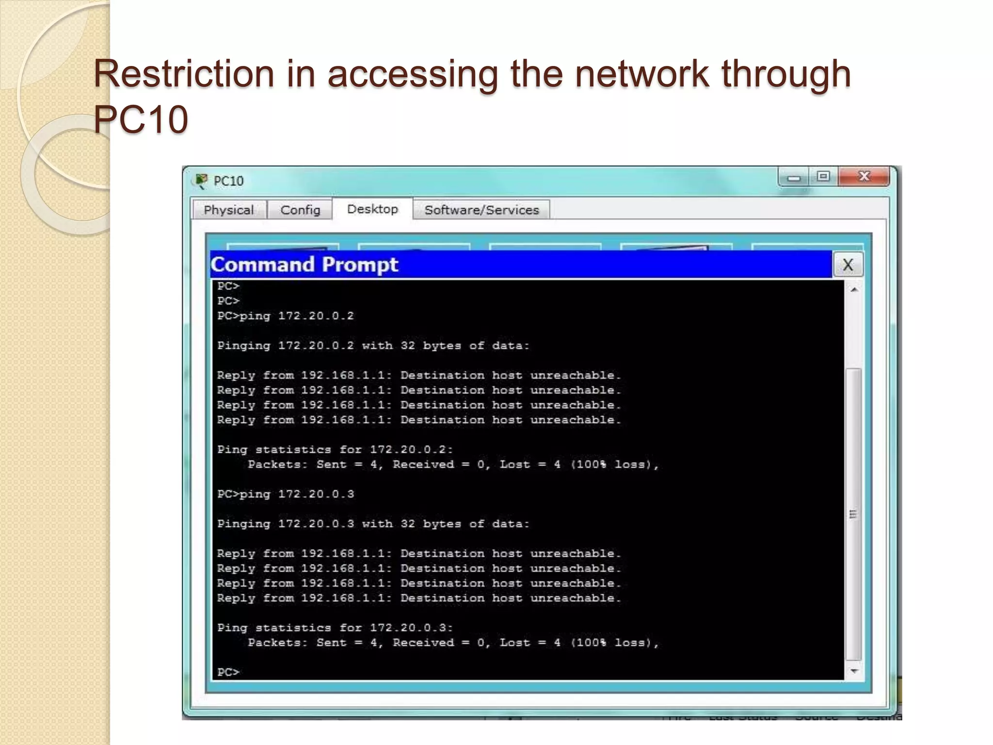 Restriction in accessing the network through
PC10
 
