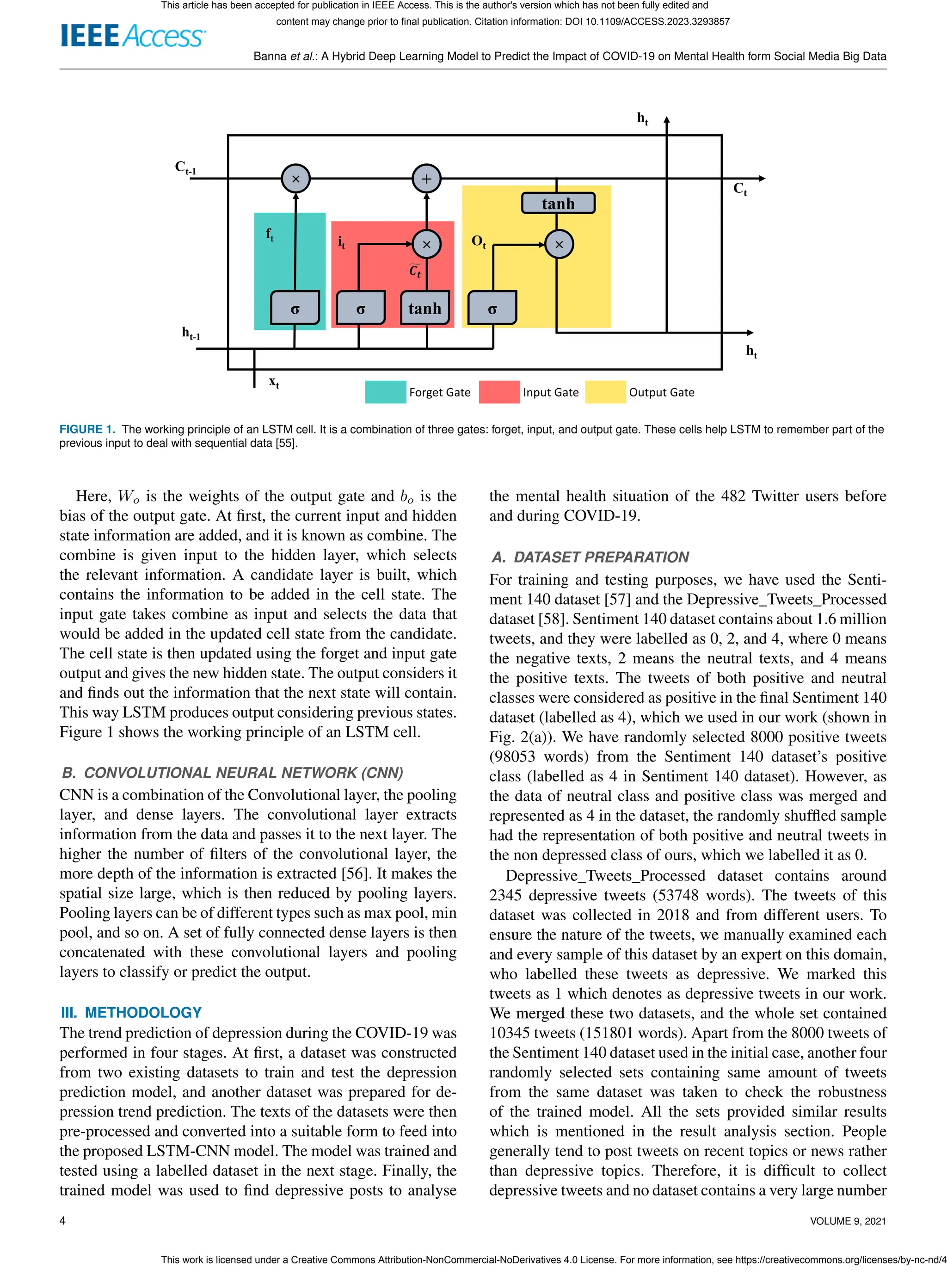 Banna et al.: A Hybrid Deep Learning Model to Predict the Impact of COVID-19 on Mental Health form Social Media Big Data
σ σ tanh σ
× +
× ×
tanh
Ct-1
ht
Ct
ft it Ot
ht-1
xt
ht
෪
𝑪𝒕
Forget Gate Input Gate Output Gate
FIGURE 1. The working principle of an LSTM cell. It is a combination of three gates: forget, input, and output gate. These cells help LSTM to remember part of the
previous input to deal with sequential data [55].
Here, Wo is the weights of the output gate and bo is the
bias of the output gate. At first, the current input and hidden
state information are added, and it is known as combine. The
combine is given input to the hidden layer, which selects
the relevant information. A candidate layer is built, which
contains the information to be added in the cell state. The
input gate takes combine as input and selects the data that
would be added in the updated cell state from the candidate.
The cell state is then updated using the forget and input gate
output and gives the new hidden state. The output considers it
and finds out the information that the next state will contain.
This way LSTM produces output considering previous states.
Figure 1 shows the working principle of an LSTM cell.
B. CONVOLUTIONAL NEURAL NETWORK (CNN)
CNN is a combination of the Convolutional layer, the pooling
layer, and dense layers. The convolutional layer extracts
information from the data and passes it to the next layer. The
higher the number of filters of the convolutional layer, the
more depth of the information is extracted [56]. It makes the
spatial size large, which is then reduced by pooling layers.
Pooling layers can be of different types such as max pool, min
pool, and so on. A set of fully connected dense layers is then
concatenated with these convolutional layers and pooling
layers to classify or predict the output.
III. METHODOLOGY
The trend prediction of depression during the COVID-19 was
performed in four stages. At first, a dataset was constructed
from two existing datasets to train and test the depression
prediction model, and another dataset was prepared for de-
pression trend prediction. The texts of the datasets were then
pre-processed and converted into a suitable form to feed into
the proposed LSTM-CNN model. The model was trained and
tested using a labelled dataset in the next stage. Finally, the
trained model was used to find depressive posts to analyse
the mental health situation of the 482 Twitter users before
and during COVID-19.
A. DATASET PREPARATION
For training and testing purposes, we have used the Senti-
ment 140 dataset [57] and the Depressive_Tweets_Processed
dataset [58]. Sentiment 140 dataset contains about 1.6 million
tweets, and they were labelled as 0, 2, and 4, where 0 means
the negative texts, 2 means the neutral texts, and 4 means
the positive texts. The tweets of both positive and neutral
classes were considered as positive in the final Sentiment 140
dataset (labelled as 4), which we used in our work (shown in
Fig. 2(a)). We have randomly selected 8000 positive tweets
(98053 words) from the Sentiment 140 dataset’s positive
class (labelled as 4 in Sentiment 140 dataset). However, as
the data of neutral class and positive class was merged and
represented as 4 in the dataset, the randomly shuffled sample
had the representation of both positive and neutral tweets in
the non depressed class of ours, which we labelled it as 0.
Depressive_Tweets_Processed dataset contains around
2345 depressive tweets (53748 words). The tweets of this
dataset was collected in 2018 and from different users. To
ensure the nature of the tweets, we manually examined each
and every sample of this dataset by an expert on this domain,
who labelled these tweets as depressive. We marked this
tweets as 1 which denotes as depressive tweets in our work.
We merged these two datasets, and the whole set contained
10345 tweets (151801 words). Apart from the 8000 tweets of
the Sentiment 140 dataset used in the initial case, another four
randomly selected sets containing same amount of tweets
from the same dataset was taken to check the robustness
of the trained model. All the sets provided similar results
which is mentioned in the result analysis section. People
generally tend to post tweets on recent topics or news rather
than depressive topics. Therefore, it is difficult to collect
depressive tweets and no dataset contains a very large number
4 VOLUME 9, 2021
This article has been accepted for publication in IEEE Access. This is the author's version which has not been fully edited and
content may change prior to final publication. Citation information: DOI 10.1109/ACCESS.2023.3293857
This work is licensed under a Creative Commons Attribution-NonCommercial-NoDerivatives 4.0 License. For more information, see https://creativecommons.org/licenses/by-nc-nd/4
 