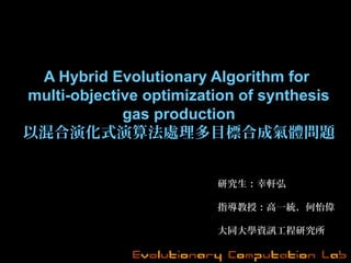 A Hybrid Evolutionary Algorithm for
multi-objective optimization of synthesis
gas production
以混合演化式演算法處理多目標合成氣體問題
研究生：幸軒弘
指導教授：高一統，何怡偉
大同大學資訊工程研究所
 