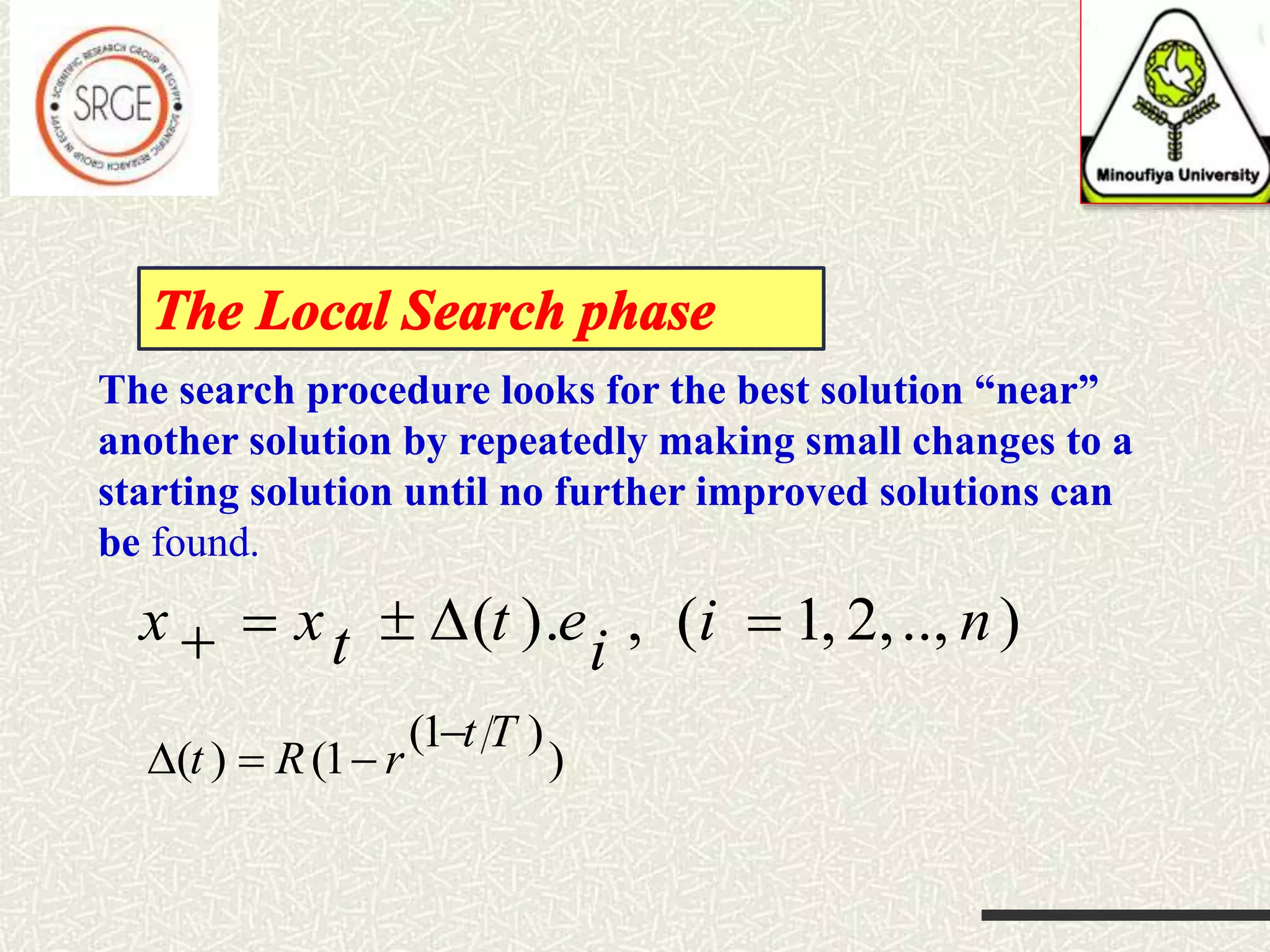 The search procedure looks for the best solution “near” another solution by repeatedly making small changes to a starting solution until no further improved solutions can be found. (1 ) ( ) (1 ) t T t R r     ( ). , ( 1, 2,.., )x x t e i nt i    
