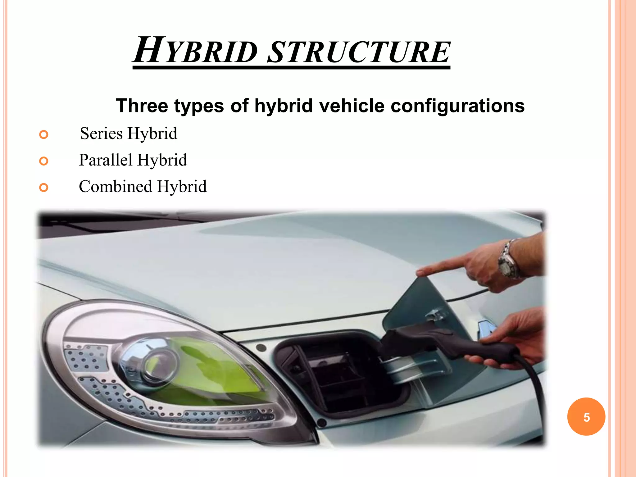 HYBRID STRUCTURE
Three types of hybrid vehicle configurations
 Series Hybrid
 Parallel Hybrid
 Combined Hybrid
5
 