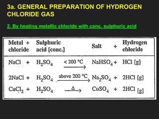 3a. GENERAL PREPARATION OF HYDROGEN
CHLORIDE GAS
2. By heating metallic chloride with conc. sulphuric acid
 