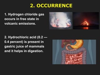 2. OCCURRENCE
1. Hydrogen chloride gas
occurs in free state in
volcanic emissions.
2. Hydrochloric acid (0.2 —
0.4 percent) is present in
gastric juice of mammals
and it helps in digestion.
 