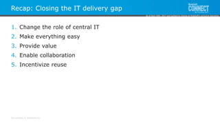 All contents © MuleSoft Inc.
Recap: Closing the IT delivery gap
1. Change the role of central IT
2. Make everything easy
3. Provide value
4. Enable collaboration
5. Incentivize reuse
As of April 20th, 2017 and subject to change at MuleSoft's exclusive discretion.
 
