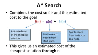• Combines the cost so far and the estimated
cost to the goal
• This gives us an estimated cost of the
cheapest solution through n
A* Search
 
