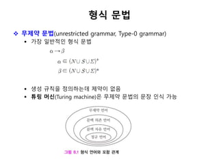 형식 문법
 무제약 문법(unrestricted grammar, Type-0 grammar)
 가장 일반적인 형식 문법
 생성 규칙을 정의하는데 제약이 없음
 튜링 머신(Turing machine)은 무제약 문법...