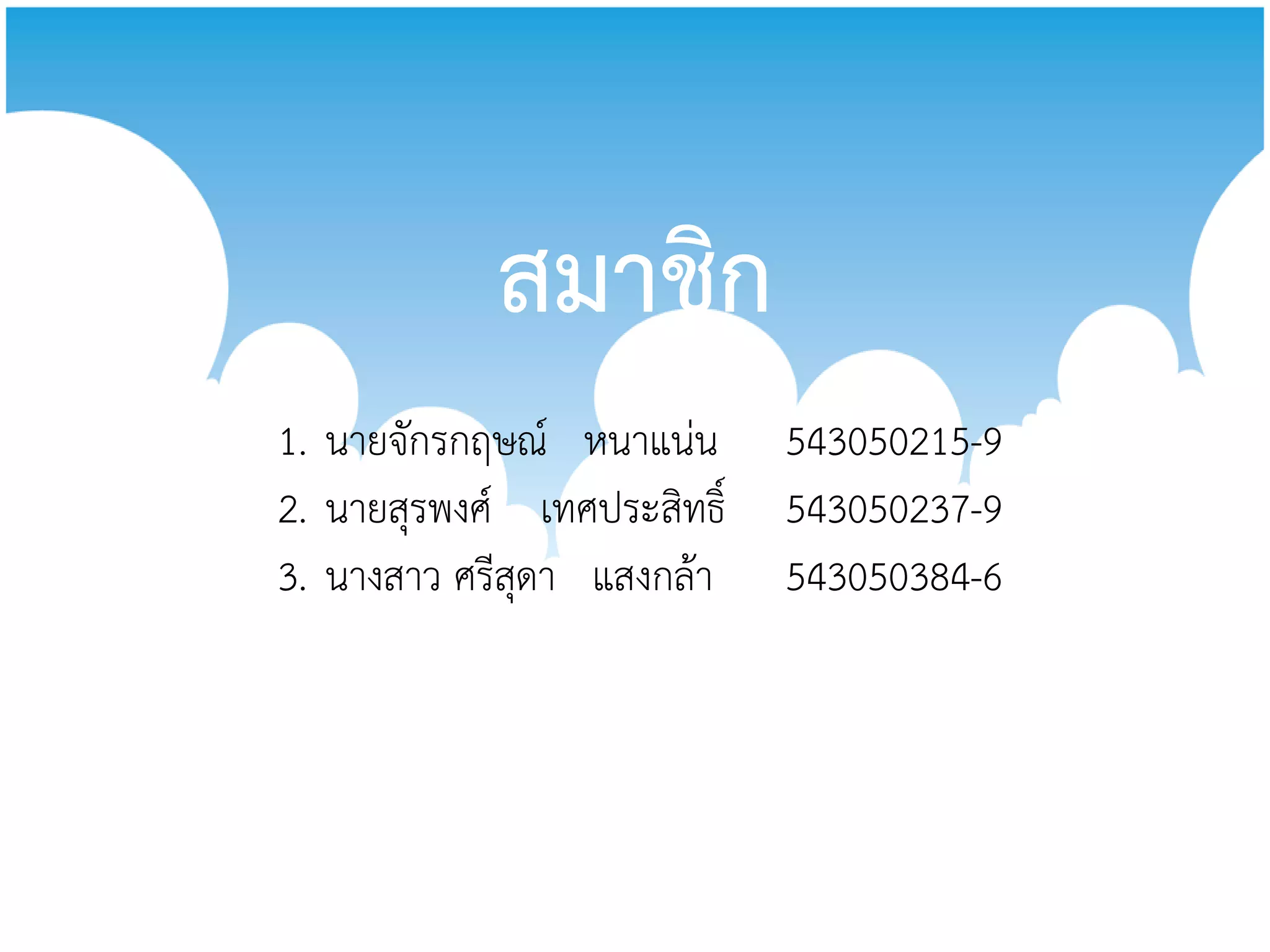 สมาชิก
1. นายจักรกฤษณ์ หนาแน่น      543050215-9
2. นายสุรพงศ์ เทศประสิทธิ์   543050237-9
3. นางสาว ศรีสุดา แสงกล้า    543050384-6
 