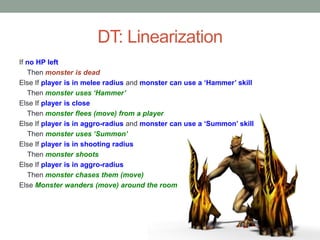 DT: Linearization
If no HP left
Then monster is dead
Else If player is in melee radius and monster can use a ‘Hammer’ skill
Then monster uses ‘Hammer’
Else If player is close
Then monster flees (move) from a player
Else If player is in aggro-radius and monster can use a ‘Summon’ skill
Then monster uses ‘Summon’
Else If player is in shooting radius
Then monster shoots
Else If player is in aggro-radius
Then monster chases them (move)
Else Monster wanders (move) around the room
 