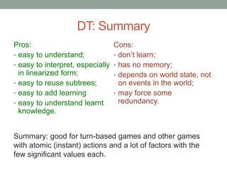 DT: Summary
Pros:
• easy to understand;
• easy to interpret, especially
in linearized form;
• easy to reuse subtrees;
• easy to add learning
• easy to understand learnt
knowledge.
Cons:
• don’t learn;
• has no memory;
• depends on world state, not
on events in the world;
• may force some
redundancy.
Summary: good for turn-based games and other games
with atomic (instant) actions and a lot of factors with the
few significant values each.
 