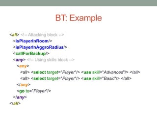 BT: Example
<all> <!-- Attacking block -->
<isPlayerInRoom/>
<isPlayerInAggroRadius/>
<callForBackup/>
<any> <!-- Using skills block -->
<any>
<all> <select target="Player"/> <use skill="Advanced"/> </all>
<all> <select target="Player"/> <use skill="Basic"/> </all>
</any>
<go to="Player"/>
</any>
</all>
 