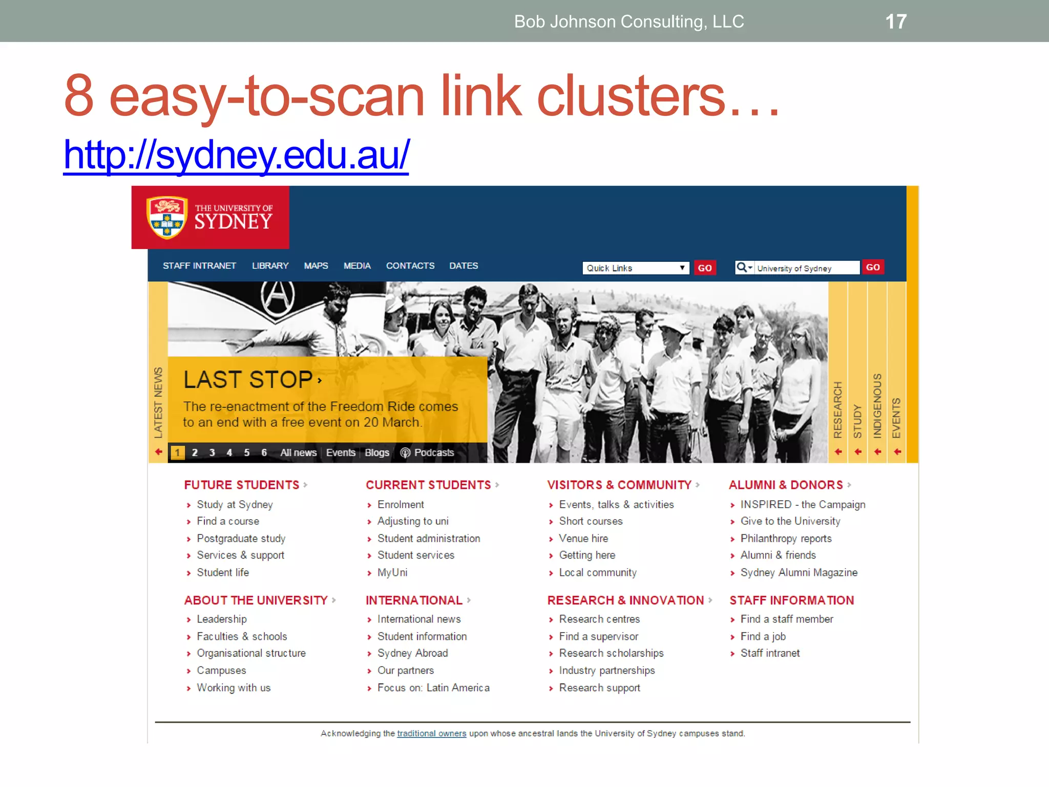 8 easy-to-scan link clusters…
http://sydney.edu.au/
Bob Johnson Consulting, LLC 17
 