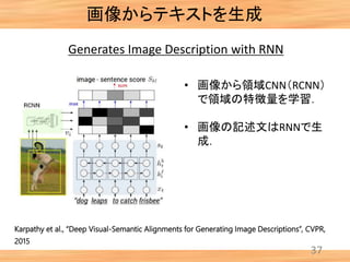 画像からテキストを生成
37
Generates Image Description with RNN
Karpathy et al., “Deep Visual-Semantic Alignments for Generating Image Descriptions”, CVPR,
2015
• 画像から領域CNN（RCNN）
で領域の特徴量を学習．
• 画像の記述文はRNNで生
成．
 