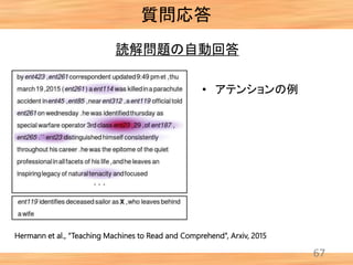 67
質問応答
Hermann et al., “Teaching Machines to Read and Comprehend”, Arxiv, 2015
• アテンションの例
読解問題の自動回答
 