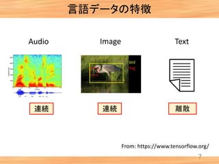 7
Audio Image Text
離散連続連続
言語データの特徴
From: https://www.tensorflow.org/
 