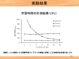 実験結果
88
0
200
400
600
800
1000
1 2 4 8 16 32 64
実行時間[sec]
バッチサイズ [文]
Merlin.jl
Theano
Chainer
学習時間の計測結果（CPU）
進藤ら, “Julia言語による深層学習ライブラリの実装と評価”, 人工知能学会全国大会, 2016
 