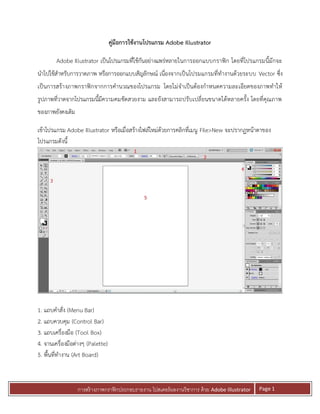 การสร้างภาพกราฟิกประกอบรายงาน โปสเตอร์ผลงานวิชาการ ด้วย Adobe Illustrator Page 1
คู่มือการใช้งานโปรแกรม Adobe Illustrator
Adobe Illustrator เป็นโปรแกรมที่ใช้กันอย่างแพร่หลายในการออกแบบกราฟิก โดยที่โปรแกรมนี้มักจะ
นาไปใช้สาหรับการวาดภาพ หรือการออกแบบสัญลักษณ์ เนื่องจากเป็นโปรมแกรมที่ทางานด้วยระบบ Vector ซึ่ง
เป็นการสร้างภาพกราฟิกจากการคานวณของโปรแกรม โดยไม่จาเป็นต้องกาหนดความละเอียดของภาพทาให้
รูปภาพที่วาดจากโปรแกรมนี้มีความคมชัดสวยงาม และยังสามารถปรับเปลี่ยนขนาดได้หลายครั้ง โดยที่คุณภาพ
ของภาพยังคงเดิม
เข้าโปรแกรม Adobe Illustrator หรือเมื่อสร้างไฟล์ใหม่ด้วยการคลิกที่เมนู File>New จะปรากฏหน้าตาของ
โปรแกรมดังนี้
1. แถบคาสั่ง (Menu Bar)
2. แถบควบคุม (Control Bar)
3. แถบเครื่องมือ (Tool Box)
4. จานเครื่องมือต่างๆ (Palette)
5. พื้นที่ทางาน (Art Board)
 