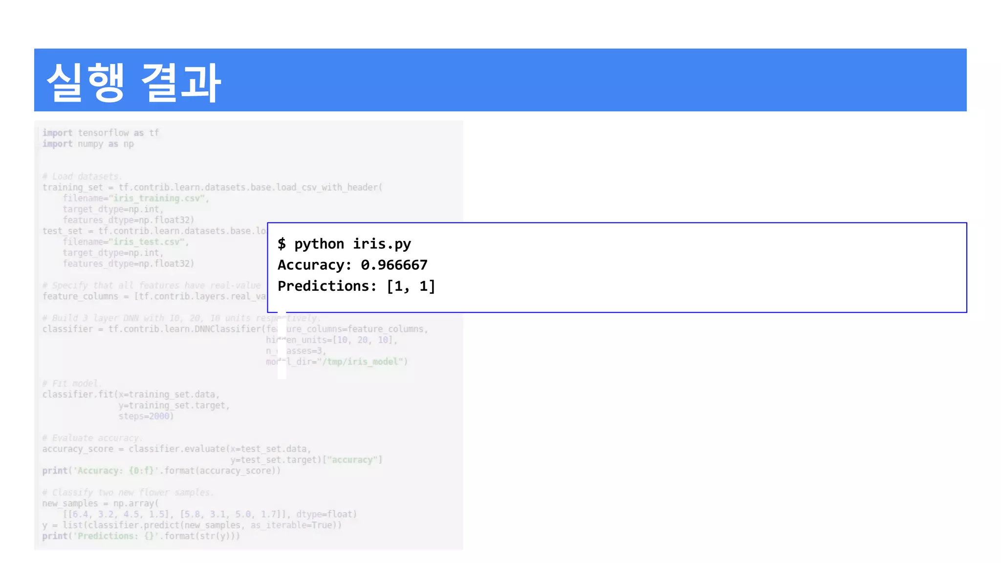 실행 결과
$ python iris.py
Accuracy: 0.966667
Predictions: [1, 1]
 
