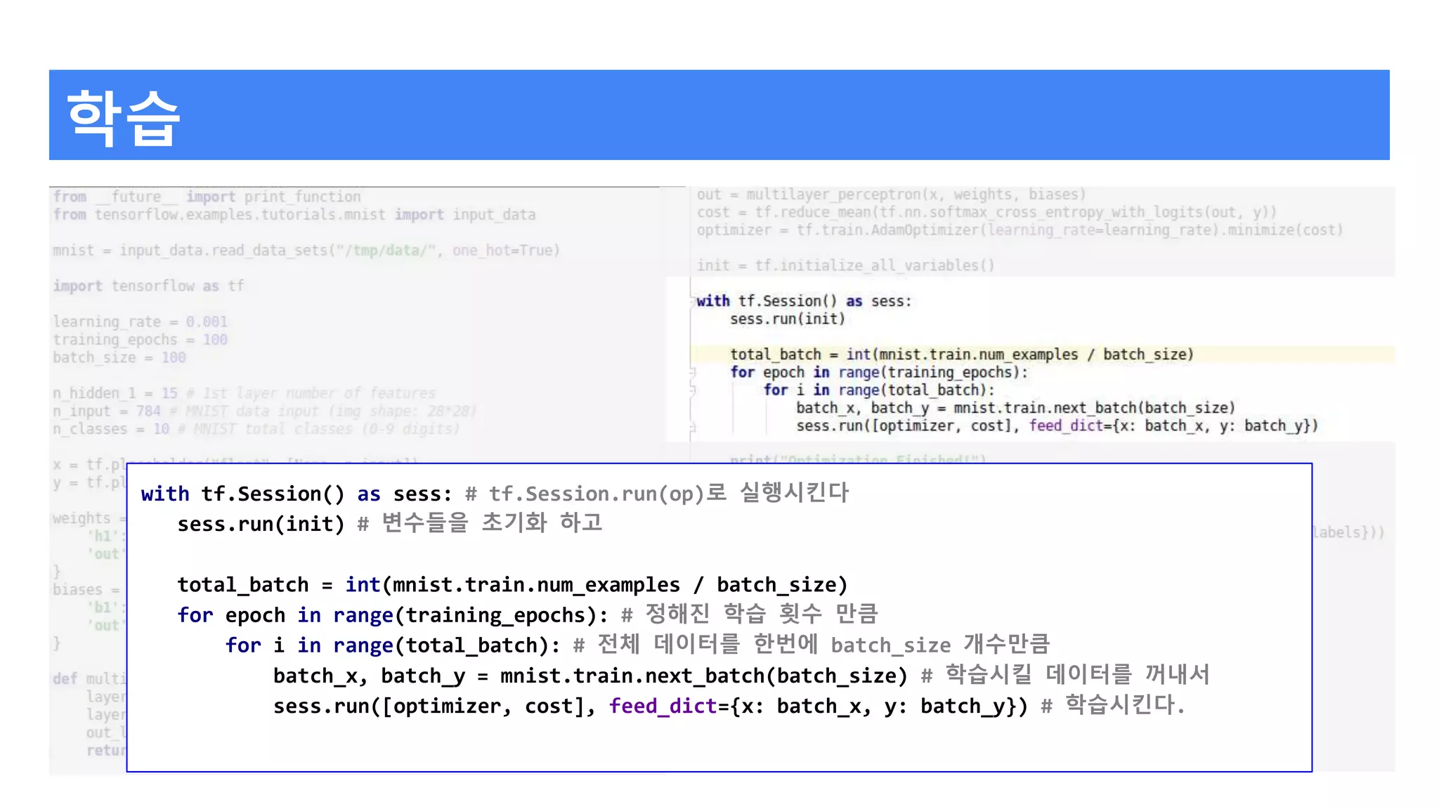 학습
with tf.Session() as sess: # tf.Session.run(op)로 실행시킨다
sess.run(init) # 변수들을 초기화 하고
total_batch = int(mnist.train.num_examples / batch_size)
for epoch in range(training_epochs): # 정해진 학습 횟수 만큼
for i in range(total_batch): # 전체 데이터를 한번에 batch_size 개수만큼
batch_x, batch_y = mnist.train.next_batch(batch_size) # 학습시킬 데이터를 꺼내서
sess.run([optimizer, cost], feed_dict={x: batch_x, y: batch_y}) # 학습시킨다.
 