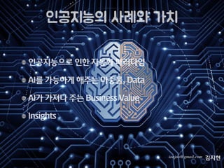 김지현
인공지능으로 인한 자동화 패러다임
AI를 가능하게 해주는 마중물, Data
AI가 가져다 주는 Business Value
Insights
인공지능의 사례와 가치
ioojoo@gmail.com
 