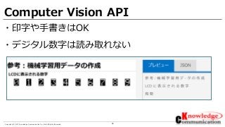 32Copyright © 2017 Knowledge Communication Co.,Ltd.All Rights Reserved.
Computer Vision API
・印字や手書きはOK
・デジタル数字は読み取れない
 