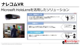 8Copyright © 2017 Knowledge Communication Co.,Ltd.All Rights Reserved.
ナレコムVR
Microsoft HoloLensを活用したソリューション
 