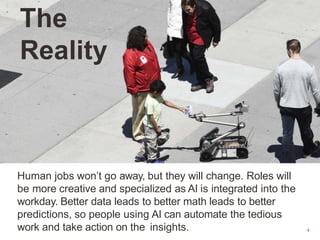 4
The
Reality
Human jobs won’t go away, but they will change. Roles will
be more creative and specialized as AI is integra...