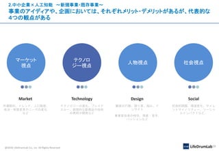 @2018 LifeDrumLab Co., inc All Rights Reserved 19
2.中小企業×人工知能 ～新規事業・既存事業～
事業のアイディアや、企画においては、それぞれメリット・デメリットがあるが、代表的な
４つの観点がある
マーケット
視点
Market
市場動向、トレンド、人口動態、
政治・制度変革やニーズの変化
など
テクノロ
ジー視点
Technology
テクノロジーの進化、ブレイク
スルー、画期的な新商品や技術
の発明や開発など
人物視点
Design
顧客の行動、困り事、悩み、イ
ンサイト
事業家自身の特性、得意・苦手、
パッションなど
社会視点
Social
社会的課題、環境変化、サイレ
ントマイノリティー、ソーシャ
ルインパクトなど、
 