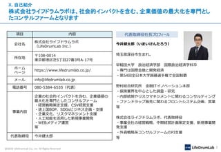 @2018 LifeDrumLab Co., inc All Rights Reserved 2
Ｘ. 自己紹介
株式会社ライフドラムラボは、社会的インパクトを含む、企業価値の最大化を専門とし
たコンサルファームとなります
今井健太郎（いまいけんたろう）
埼玉県深谷市生まれ。
早稲田大学 政治経済学部 国際政治経済学科卒
・専門は国際金融と開発経済
・第54回全日本大学囲碁選手権で全国制覇
野村総合研究所 金融ITイノベーション本部
・保険業界を中心とした調査・研究
・内部統制やリスクマネジメントに関わるコンサルティング
・ファンドラップ販売に関わるフロントシステム企画、営業
等
株式会社ライフドラムラボ、代表取締役
・事業会社の経営戦略、中期経営計画策定支援、新規事業開
発支援
・外資戦略系コンサルファームのPJ支援
等
代表取締役社長プロフィール項目 内容
会社名
株式会社ライフドラムラボ
（LifeDrumLab Inc.）
所在地
〒108‐0014
東京都港区芝5丁目27番3号A-17号
ホーム
ページ
https://www.lifedrumlab.co.jp/
メール info@lifedrumlab.co.jp
電話番号 080-5384-6535（代表）
事業内容
企業の社会的インパクトを含む、企業価値の
最大化を専門としたコンサルファーム
・経営戦略策定支援、CSV経営支援
・途上国BOP、SDGsビジネス企画・支援
・企業文化、リスクマネジメント支援
・人工知能を活用した新規事業開発
・WEBメディア運営
等
代表取締役 今井健太郎
 