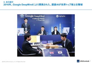 @2018 LifeDrumLab Co., inc All Rights Reserved 3
Ｘ. 自己紹介
2016年、Google DeepMindにより開発された、囲碁AIが世界トップ棋士を撃破
 