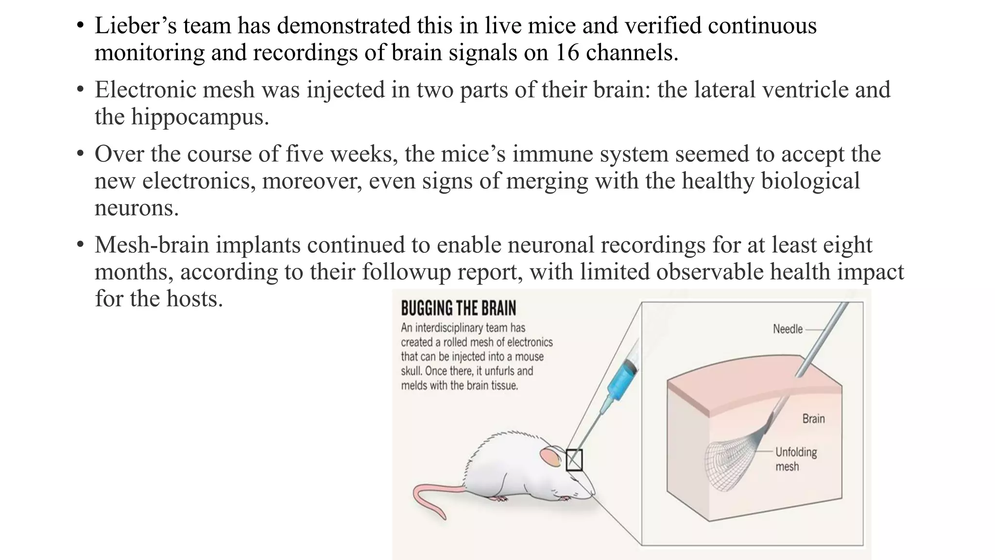 • Lieber’s team has demonstrated this in live mice and verified continuous
monitoring and recordings of brain signals on 16 channels.
• Electronic mesh was injected in two parts of their brain: the lateral ventricle and
the hippocampus.
• Over the course of five weeks, the mice’s immune system seemed to accept the
new electronics, moreover, even signs of merging with the healthy biological
neurons.
• Mesh-brain implants continued to enable neuronal recordings for at least eight
months, according to their followup report, with limited observable health impact
for the hosts.
 