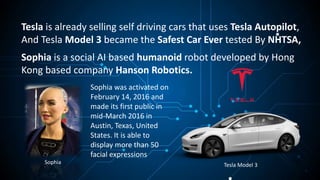 Tesla is already selling self driving cars that uses Tesla Autopilot,
And Tesla Model 3 became the Safest Car Ever tested By NHTSA,
Sophia is a social AI based humanoid robot developed by Hong
Kong based company Hanson Robotics.
Tesla Model 3
Sophia was activated on
February 14, 2016 and
made its first public in
mid-March 2016 in
Austin, Texas, United
States. It is able to
display more than 50
facial expressions
Sophia
 